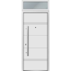 Front Exterior Prehung Steel Door / Deux 1705 White Enamel / Transom Black Window / Stainless Inserts Single Modern Painted-W36" x H80+16"-Right-hand Inswing