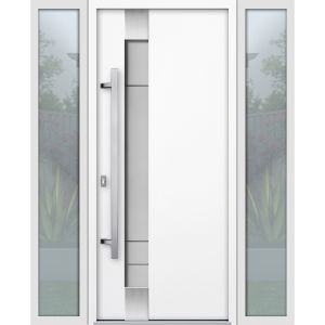 Front Exterior Prehung Steel Door / Deux 1713 White Enamel / 2 Sidelight Exterior Black Windows / Stainless Inserts Single Modern Painted-W12+36+12" x H80"-Right-hand Inswing
