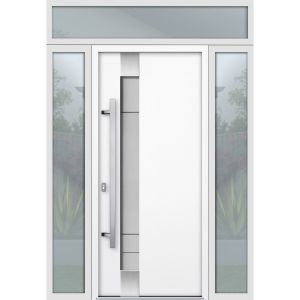 Front Exterior Prehung Steel Door / Deux 1713 White Enamel / 2 Sidelight and Transom Black Window / Stainless Inserts Single Modern Painted-W16+36+16" x H96+16"-Right-hand Outswing