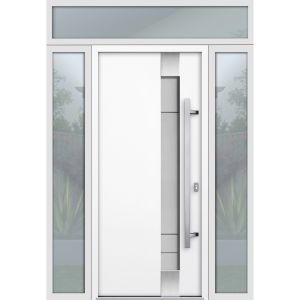 Front Exterior Prehung Steel Door / Deux 1713 White Enamel / 2 Sidelight and Transom Black Window / Stainless Inserts Single Modern Painted-W16+36+16" x H96+16"-Left-hand Outswing
