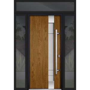 Front Exterior Prehung Steel Door / Deux 1713 Natural Oak / 2 Sidelight and Transom Black Window / Stainless Inserts Single Modern Painted-W16+36+16" x H96+16"-Left-hand Outswing