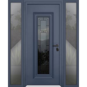 Front Exterior Prehung Steel Door / Ballucio 6044 Gray Graphite / 2 Side Exterior Windows / Stainless Inserts Single Modern Painted-W12+36+12" x H80"-Left-hand Inswing