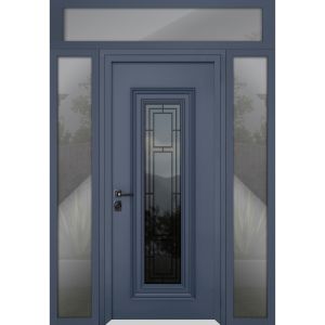 Front Exterior Prehung Steel Door / Ballucio 6044 Gray Graphite / 2 Side and Top Exterior Window / Stainless Inserts Single Modern Painted-W16+36+16" x H96+16"-Right-hand Inswing