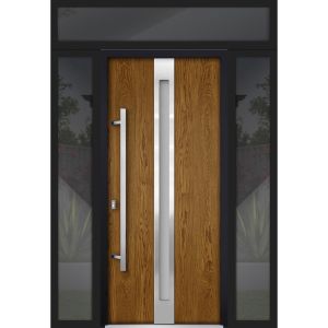 Front Exterior Prehung Steel Door / Deux 1744 Natural Oak / 2 Sidelight and Transom Black Window / Stainless Inserts Single Modern Painted-W16+36+16" x H96+16"-Right-hand Outswing