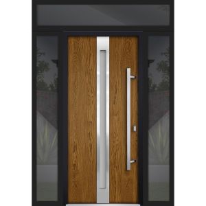 Front Exterior Prehung Steel Door / Deux 1744 Natural Oak / 2 Sidelight and Transom Black Window / Stainless Inserts Single Modern Painted-W16+36+16" x H96+16"-LH-O