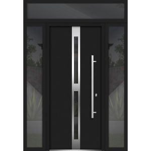 Front Exterior Prehung Steel Door / Deux 1755 Black Enamel / 2 Sidelight and Transom Window / Stainless Inserts Single Modern Painted-W16+36+16" x H96+16"-Left-hand Outswing