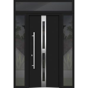 Front Exterior Prehung Steel Door / Deux 1755 Black Enamel / 2 Sidelight and Transom Window / Stainless Inserts Single Modern Painted-W16+36+16" x H96+16"-Right-hand Outswing