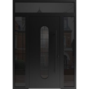 Front Exterior Aluminum Door / Ronex 0521 Black / Prehung Entry Steel Metal Modern Painted W12+36+12"xH80+12" Right-hand Inswing