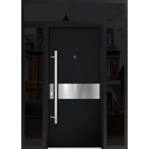 Front Exterior Prehung Steel Door / Deux 6072 Black Enamel / 2 Sidelight and Transom Window Sidelite / Entry Metal Modern Painted W16+36+16" x H96+16" Right hand Inswing