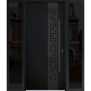 Front Exterior Prehung Steel Door / Deux 6078 Black Enamel / 2 Sidelight Exterior Windows Sidelites/ Entry Metal Modern Painted W12+36+12" x H80" Left hand Inswing