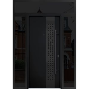 Front Exterior Prehung Steel Door / Deux 6078 Black Enamel / 2 Sidelight and Transom Window Sidelite / Entry Metal Modern Painted W12+36+12" x H80+16" Left hand Inswing