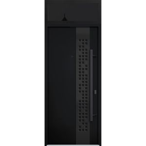 Front Exterior Prehung Steel Door / Deux 6078 Black Enamel / Transom Window Sidelite / Entry Metal Modern Painted W36" x H80+16" Left hand Inswing