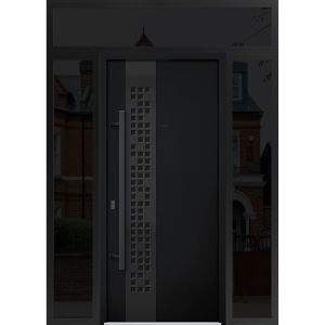 Front Exterior Prehung Steel Door / Deux 6078 Black Enamel / 2 Sidelight and Transom Window Sidelite / Entry Metal Modern Painted W16+36+16" x H96+16" Right hand Inswing