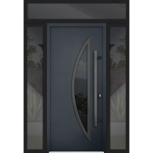 Front Exterior Prehung Steel Door / Deux 6501 Anthracite / 2 Sidelight and Transom Window / Stainless Inserts Single Modern Painted-W16+36+16" x H96+16"-Left-hand Outswing