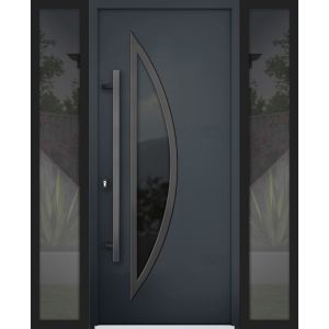 Front Exterior Prehung Steel Door / Deux 6501 Anthracite / 2 Sidelight Exterior Windows / Stainless Inserts Single Modern Painted-W12+36+12" x H80"-Right-hand Inswing
