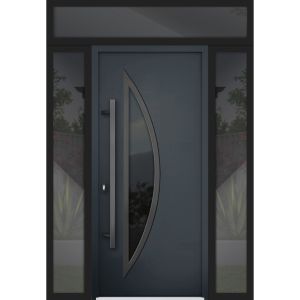 Front Exterior Prehung Steel Door / Deux 6501 Anthracite / 2 Sidelight and Transom Window / Stainless Inserts Single Modern Painted-W16+36+16" x H96+16"-Right-hand Outswing