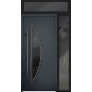 Front Exterior Prehung Steel Door / Deux 6501 Anthracite / Sidelight and Transom Window / Stainless Inserts Single Modern Painted-W36+12" x H80+16"-Right-hand Inswing