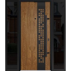 Front Exterior Prehung Steel Door / Deux 6678 Natural Oak / 2 Sidelight Exterior Windows Sidelites/ Entry Metal Modern Painted W12+36+12" x H80" Left hand Inswing