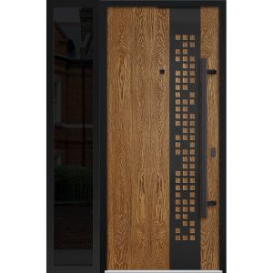 Front Exterior Prehung Steel Door / Deux 6678 Natural Oak / Sidelight Exterior Window Sidelite / Entry Metal Modern Painted W36+12" x H80" Left hand Inswing
