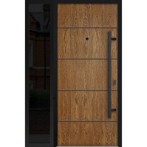 Front Exterior Prehung Steel Door / Deux 6683 Natural Oak / Sidelight Exterior Window Sidelite / Entry Metal Modern Painted W36+12" x H80" Left hand Inswing