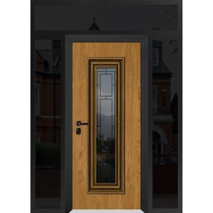 Front Exterior Prehung Steel Door / Ballucio 6644 Natural Oak / Black 2 Side and Top Exterior Window Sidelite / Entry Metal Modern Painted W16+36+16" x H96+16" Right hand Outswing