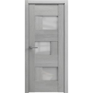 Solid French Door Frosted Glass | Sete 6933 Light Grey Oak | Single Regular Panel Frame Trims Handle | Bathroom Bedroom Sturdy Doors -18" x 80"