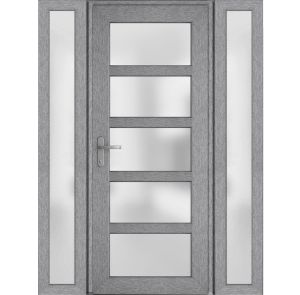 Front Exterior Prehung FiberGlass Door Frosted Glass / Manux 8002 Grey Ash / 2 Sidelight Exterior Windows / Office Commercial and Residential Doors Entrance Patio Garage-W12+36+12" x H80"-Right-hand Inswing