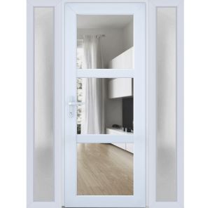 Front Exterior Prehung FiberGlass Door Clear Glass See-through / Manux 8555 White Silk Clear Glass / 2 Sidelight Exterior Windows / Office Commercial and Residential Doors Entrance Patio Garage-W12+36+12" x H80"-Right-hand Inswing