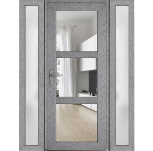 Front Exterior Prehung FiberGlass Door Clear Glass See-through / Manux 8555 Grey Ash Clear Glass / 2 Sidelight Exterior Windows / Office Commercial and Residential Doors Entrance Patio Garage-W12+36+12" x H80"-Right-hand Inswing