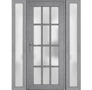 Front Exterior Prehung FiberGlass Door Frosted Glass / Manux 8312 Grey Ash / 2 Sidelight Exterior Windows / Office Commercial and Residential Doors Entrance Patio Garage-W12+36+12" x H80"-Right-hand Inswing