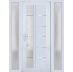 Front Exterior Prehung FiberGlass Door Frosted Glass / Manux 8088 White Silk / 2 Sidelight Exterior Windows / Office Commercial and Residential Doors Entrance Patio Garage-W12+36+12" x H80"-Right-hand Inswing