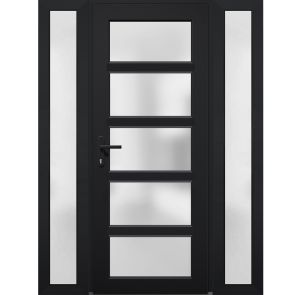 Front Exterior Prehung FiberGlass Door Frosted Glass / Manux 8002 Matte Black / 2 Sidelight Exterior Windows / Office Commercial and Residential Doors Entrance Patio Garage-W12+36+12" x H80"-Right-hand Inswing