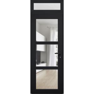 Front Exterior Prehung FiberGlass Door Clear Glass See-through / Manux 8555 Matte Black Clear Glass / Transom Window / Office Commercial and Residential Doors Entrance Patio Garage-W36" x H80+14"-Right-hand Inswing