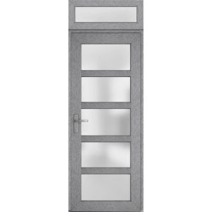 Front Exterior Prehung FiberGlass Door Frosted Glass / Manux 8002 Grey Ash / Transom Window / Office Commercial and Residential Doors Entrance Patio Garage-W36" x H80+14"-Right-hand Inswing