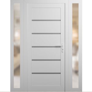 Front Exterior Prehung Metal-Plastic Door | Manux 8415 White Silk | 2 Side Sidelite Transoms | Office Commercial and Residential Doors Entrance Patio Garage 54" x 80" (W12+30+12" x H80") Left hand Inswing