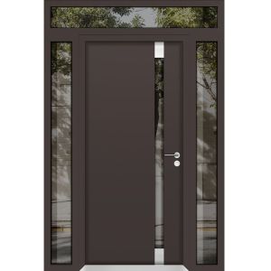 Front Exterior Prehung Aluminum Door / Cynex 6777 Brown / Entry Steel Metal Modern Painted W16+36+16"xH96+16" RH-O