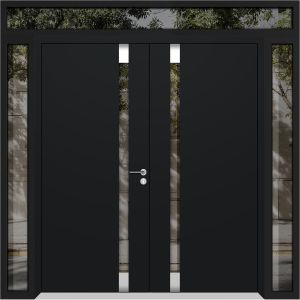 Front Exterior Prehung Aluminum Double Doors / Cynex 6777 Black / 2 Sidelights and Top Transom / Mirrored Clear Glass Modern Painted 104x96 (W16+72+16" x H80+16") Right hand Outswing