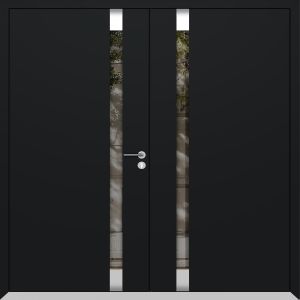 Front Exterior Prehung Aluminum Double Doors / Cynex 6777 Black / Mirrored Clear Glass Modern Painted (W72" x H80") Left hand Outswing