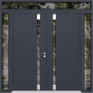 Front Exterior Prehung Aluminum Double Doors / Cynex 6777 Grey / 2 Sidelights and Top Transom / Mirrored Clear Glass Modern Painted 104x112 (W16+72+16" x H96+16") Left hand Outswing
