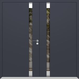 Front Exterior Prehung Aluminum Double Doors / Cynex 6777 Grey / Mirrored Clear Glass Modern Painted (W72" x H96") Left hand Inswing