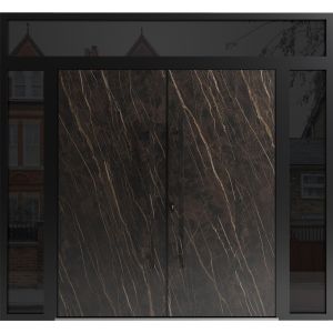 Front Exterior Prehung Aluminum Double Doors / Dekton 0118 Natural Noir / 2 Sidelight and Top Transom / Entry Metal Modern Painted (W104" x H96") Right hand Inswing