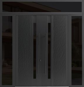 Front Exterior Prehung Aluminum Double Doors / Dekton 0163 Ardesia Nero / 2 Sidelight and Top Transom / Entry Metal Modern Painted (W104" x H96") Right hand Outswing