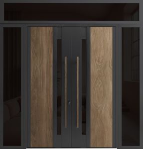 Front Exterior Prehung Aluminum Double Doors / Dekton 0163 Venezia Noce / 2 Sidelight and Top Transom / Entry Metal Modern Painted (W104" x H96") Right hand Outswing