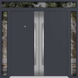 Front Exterior Prehung Metal Double Doors / Deux 0729 Gray Graphite Stainless Steel Insert / 2 Sidelights and Top Transom / Entry Modern Painted 104x96 (W16+72+16" x H80+16") Left hand Inswing