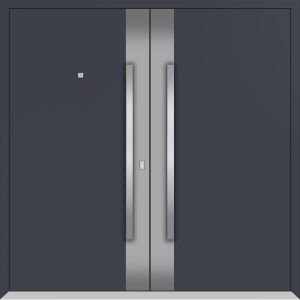 Front Exterior Prehung Metal Double Doors / Deux 0729 Gray Graphite Stainless Steel Insert / Entry Modern Painted (W72" x H96") Left hand Inswing