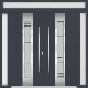 Front Exterior Prehung Metal Double Doors / Deux 0757 Gray Graphite Frosted Glass / 2 Sidelights and Top Transom / Entry Modern Painted 104x112 (W16+72+16" x H96+16") Left hand Inswing