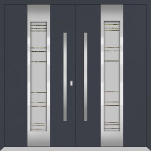 Front Exterior Prehung Metal Double Doors / Deux 0757 Gray Graphite Frosted Glass / Entry Modern Painted (W72" x H96") Left hand Inswing