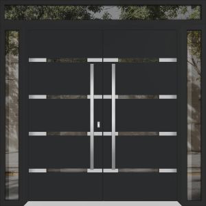 Front Exterior Prehung Metal Double Doors / Deux 1105 Black Enamel Mirrored Clear Glass / 2 Sidelights and Top Transom / Entry Modern Painted 104x112 (W16+72+16" x H96+16") Right hand Outswing
