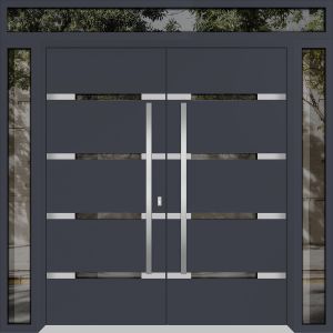 Front Exterior Prehung Metal Double Doors / Deux 1105 Gray Graphite Mirrored Glass / 2 Sidelights and Top Transom / Entry Modern Painted 104x96 (W16+72+16" x H80+16") Right hand Inswing