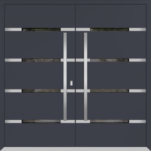 Front Exterior Prehung Metal Double Doors / Deux 1105 Gray Graphite Mirrored Glass / Entry Modern Painted (W72" x H80") Left hand Inswing